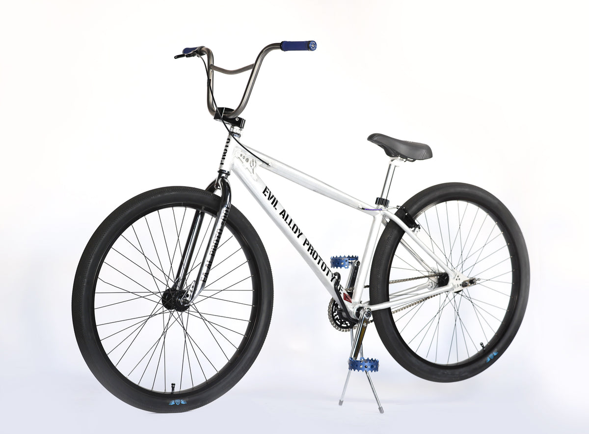 White Evil Alloy prototype bike with blue finishing details